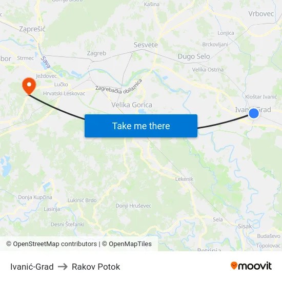 Ivanić-Grad to Rakov Potok map
