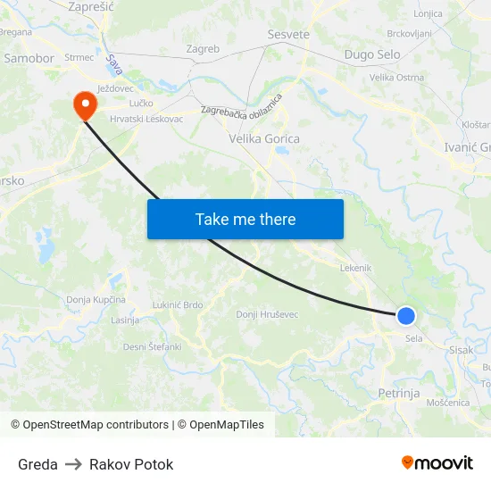 Greda to Rakov Potok map