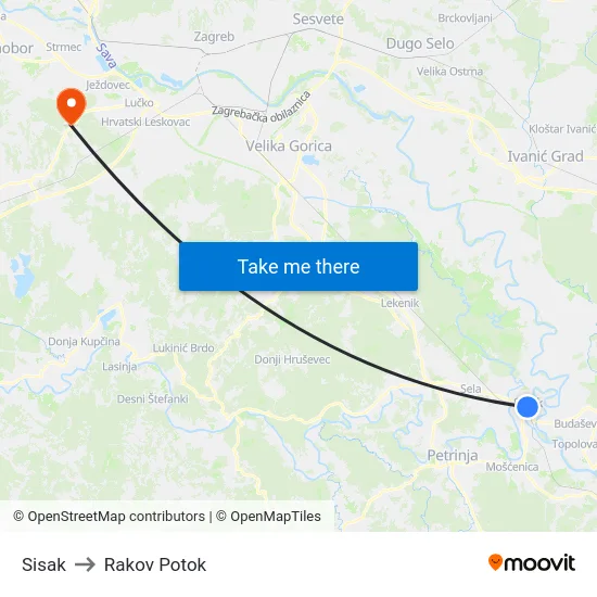 Sisak to Rakov Potok map