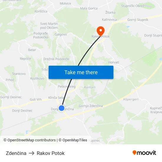 Zdenčina to Rakov Potok map