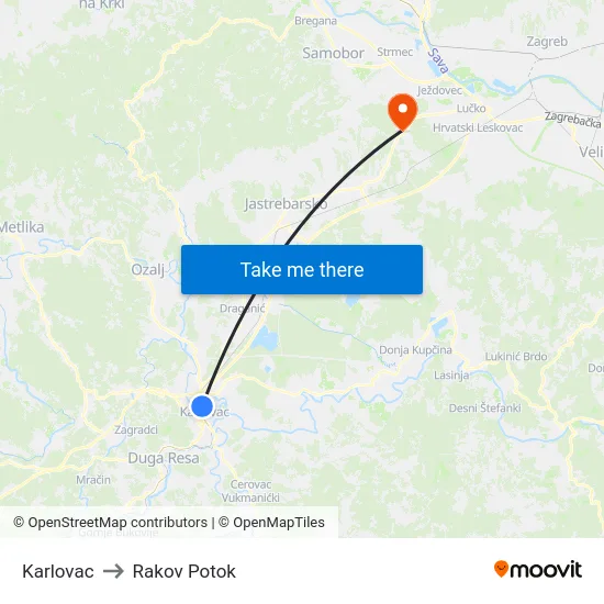 Karlovac to Rakov Potok map