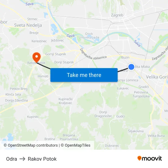 Odra to Rakov Potok map