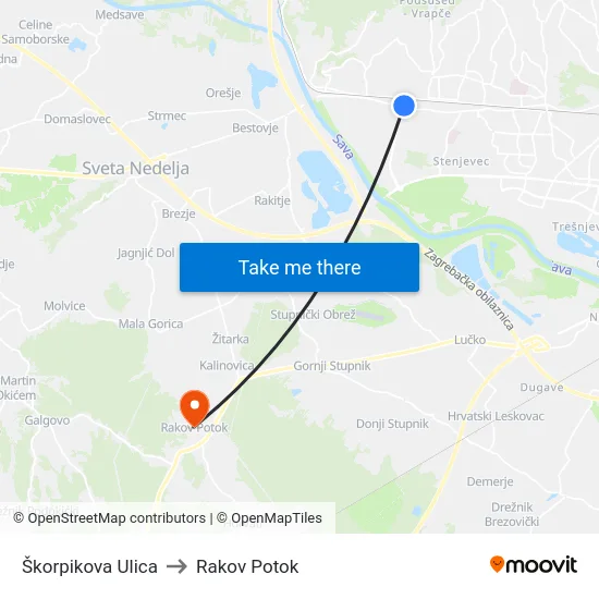 Škorpikova Ulica to Rakov Potok map