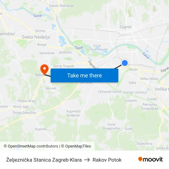 Željeznička Stanica Zagreb-Klara to Rakov Potok map
