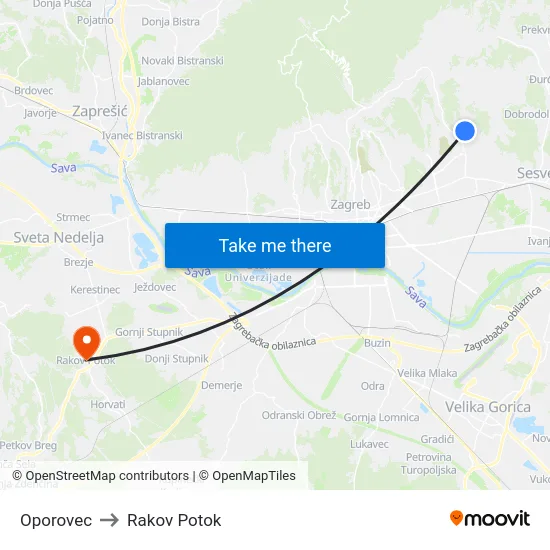Oporovec to Rakov Potok map