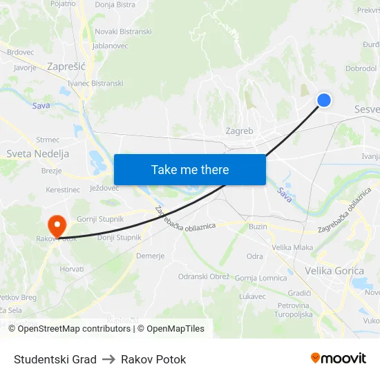 Studentski Grad to Rakov Potok map