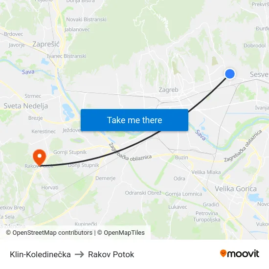 Klin-Koledinečka to Rakov Potok map