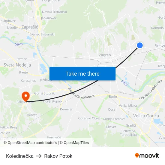Koledinečka to Rakov Potok map