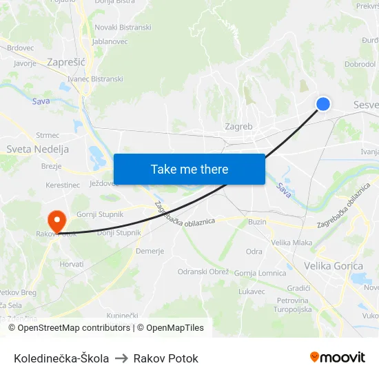 Koledinečka-Škola to Rakov Potok map