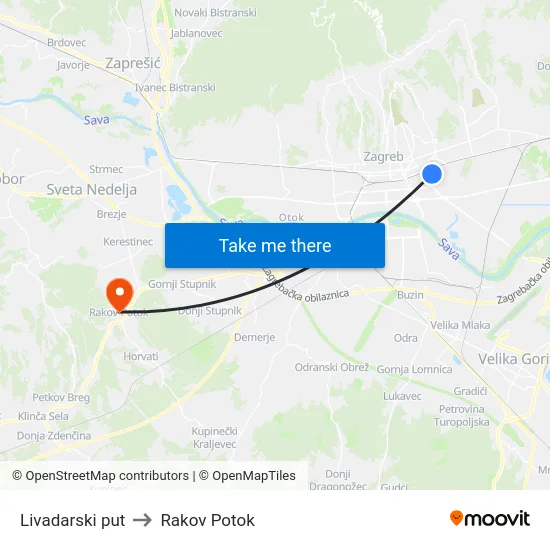 Livadarski put to Rakov Potok map