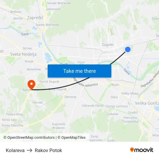 Kolareva to Rakov Potok map
