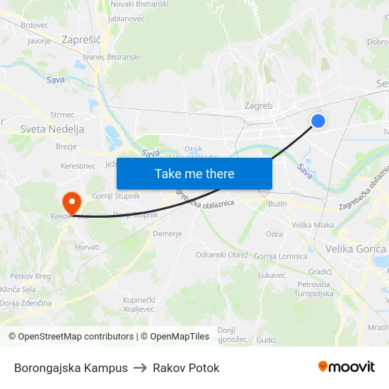 Borongajska Kampus to Rakov Potok map