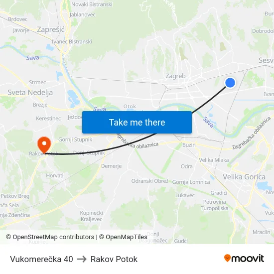 Vukomerečka 40 to Rakov Potok map
