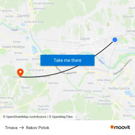 Trnava to Rakov Potok map