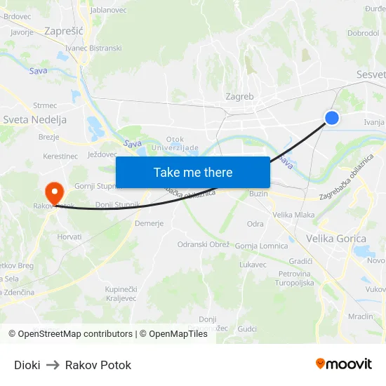 Dioki to Rakov Potok map