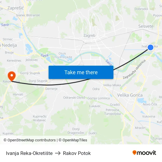 Ivanja Reka-Okretište to Rakov Potok map