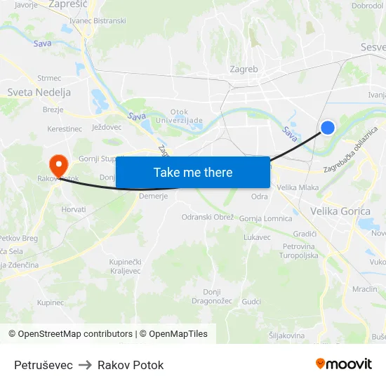 Petruševec to Rakov Potok map