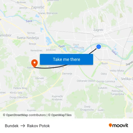 Bundek to Rakov Potok map