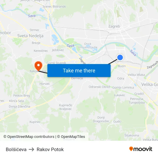 Bolšićeva to Rakov Potok map