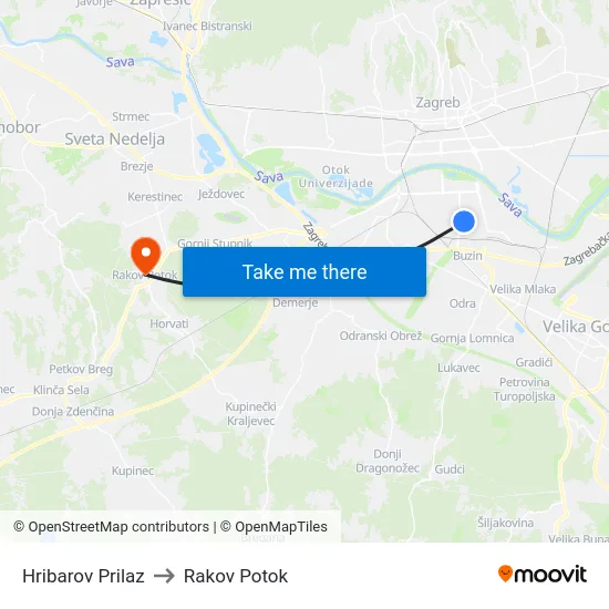 Hribarov Prilaz to Rakov Potok map
