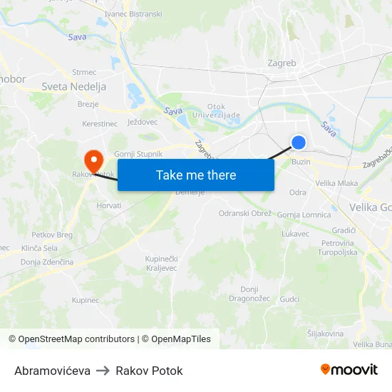 Abramovićeva to Rakov Potok map
