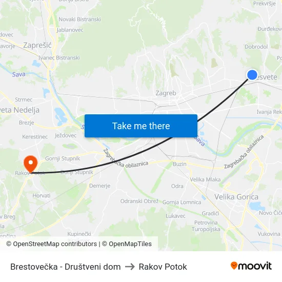 Brestovečka - Društveni dom to Rakov Potok map