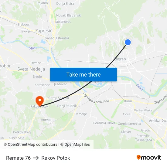 Remete 76 to Rakov Potok map