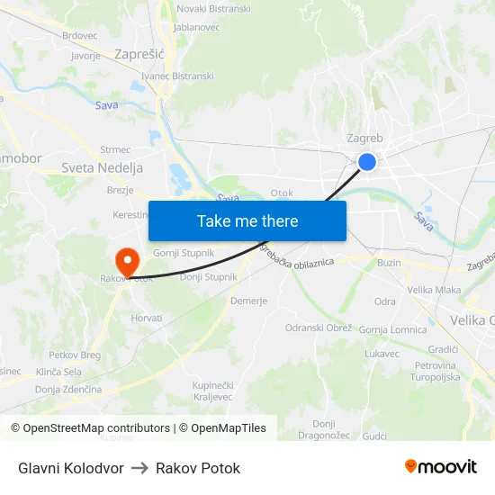 Glavni Kolodvor to Rakov Potok map