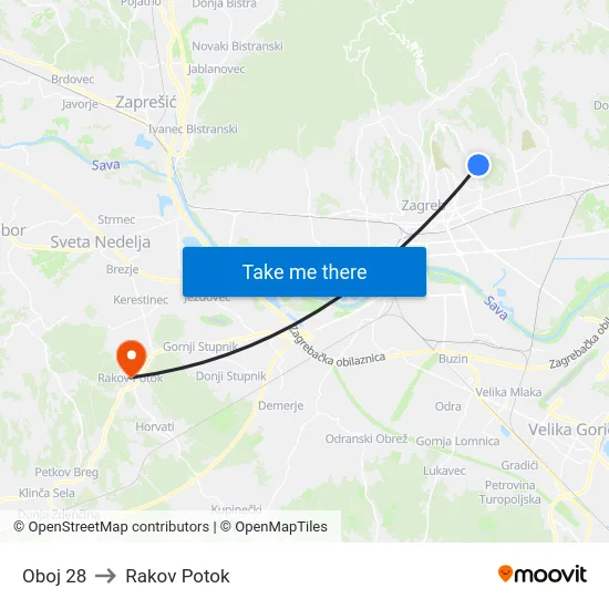 Oboj 28 to Rakov Potok map