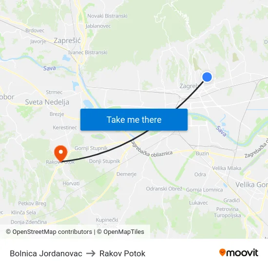 Bolnica Jordanovac to Rakov Potok map