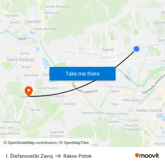 I. Štefanovečki Zavoj to Rakov Potok map