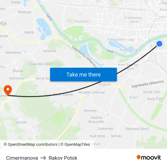 Cimermanova to Rakov Potok map