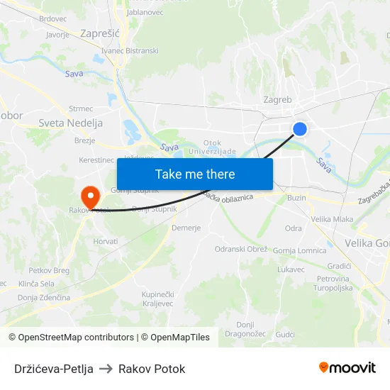Držićeva-Petlja to Rakov Potok map