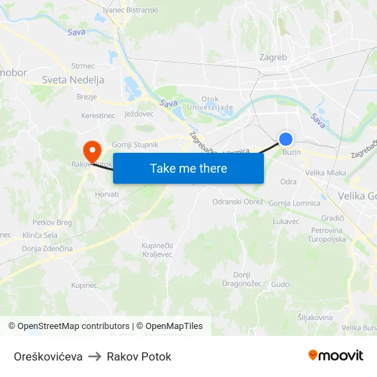 Oreškovićeva to Rakov Potok map