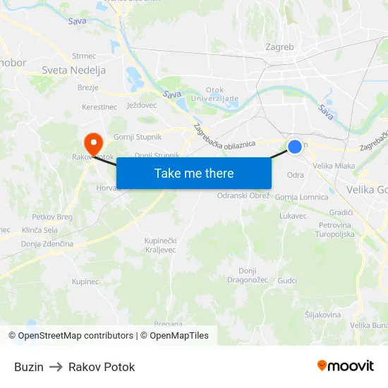 Buzin to Rakov Potok map