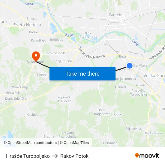 Hrašće Turopoljsko to Rakov Potok map