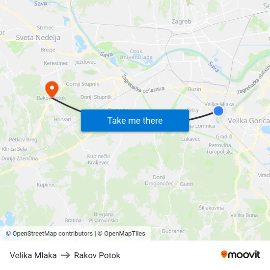 Velika Mlaka to Rakov Potok map