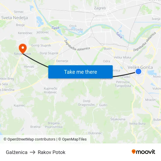 Galženica to Rakov Potok map