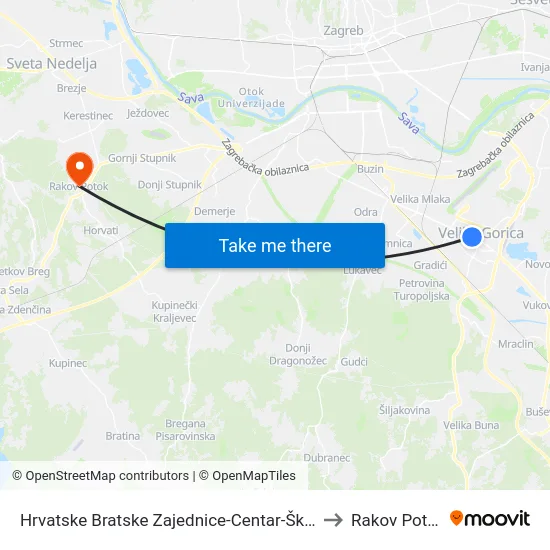 Hrvatske Bratske Zajednice-Centar-Škola to Rakov Potok map