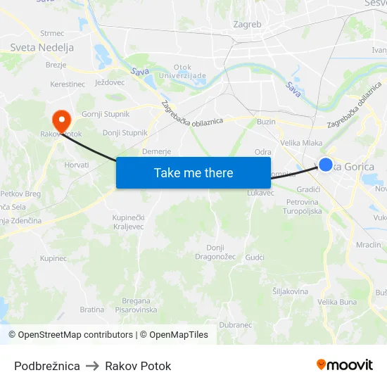 Podbrežnica to Rakov Potok map