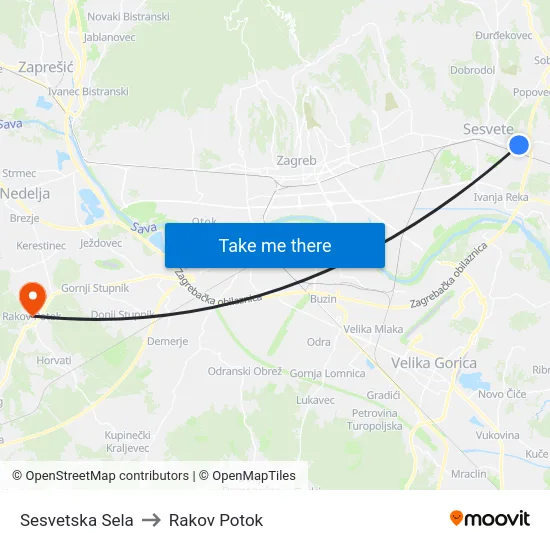 Sesvetska Sela to Rakov Potok map