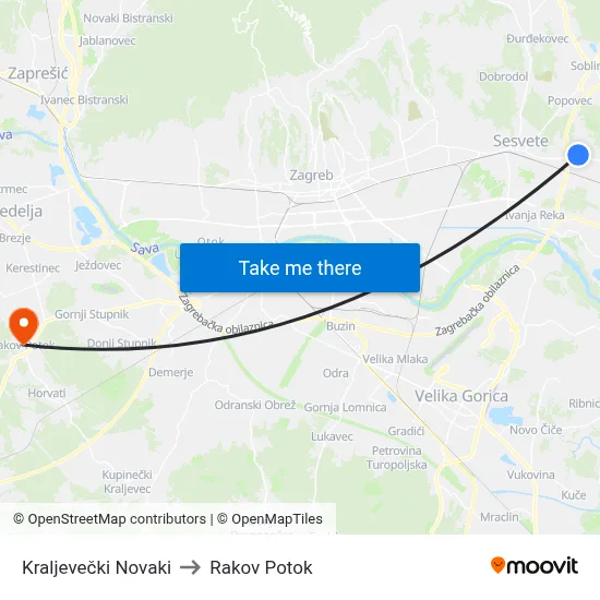 Kraljevečki Novaki to Rakov Potok map