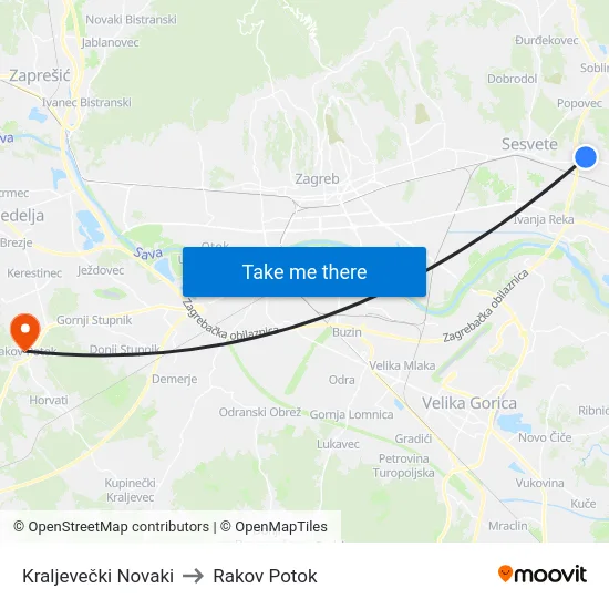 Kraljevečki Novaki to Rakov Potok map
