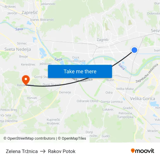Zelena Tržnica to Rakov Potok map