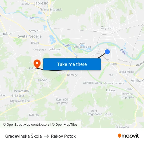 Građevinska Škola to Rakov Potok map