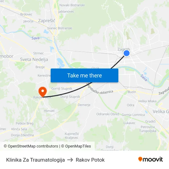 Klinika Za Traumatologija to Rakov Potok map
