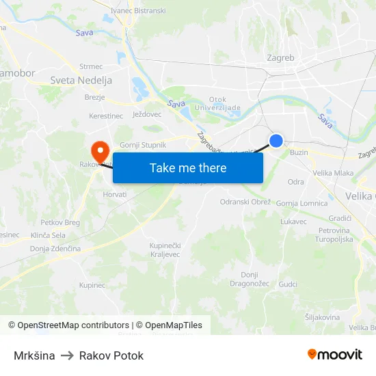 Mrkšina to Rakov Potok map