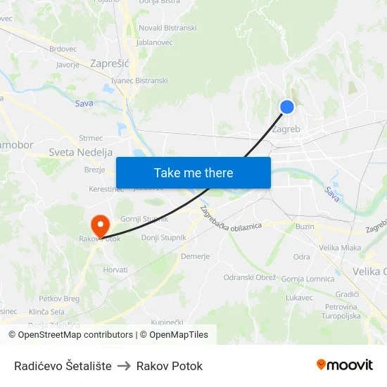 Radićevo Šetalište to Rakov Potok map