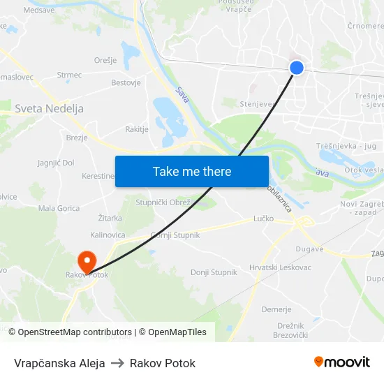 Vrapčanska Aleja to Rakov Potok map