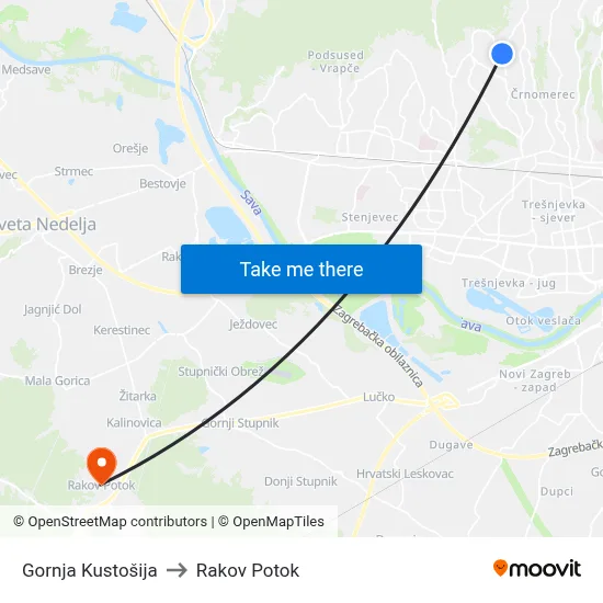 Gornja Kustošija to Rakov Potok map